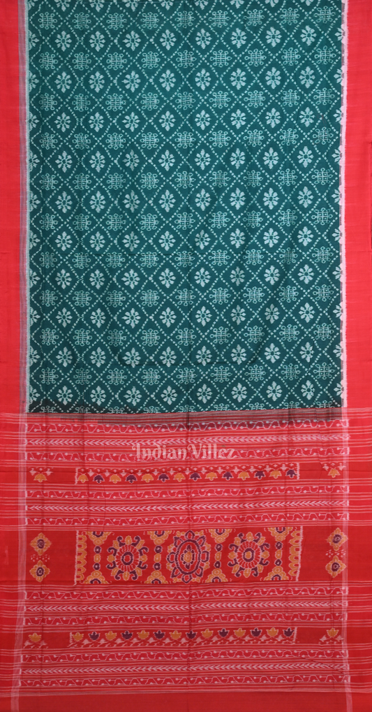 Sea Green Red Odisha Ikat Sambalpuri Cotton Saree