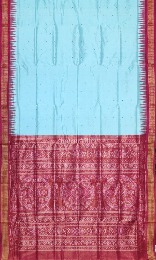 Sky Blue Pink Buti Odisha Ikat Bomkai Half Tissue Silk Saree