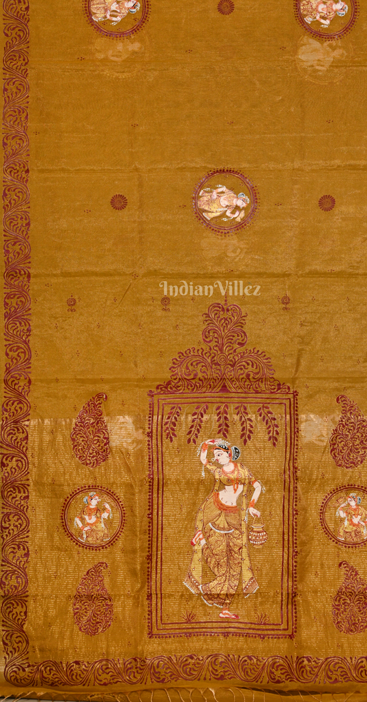 Golden Shringar Raas Hand- Painted Pattachitra Saree (Tissue)