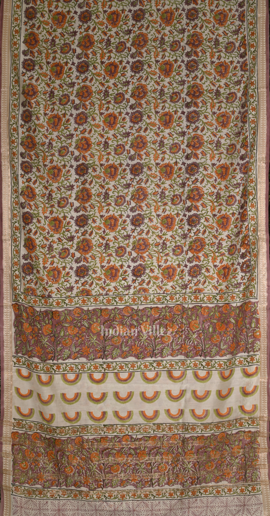 Cream with MultiColour Block Printed Sanganeri Cotton Saree