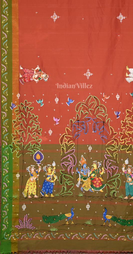 Orange Green Dual Tone Radha Krishna Doli Theme Hand-Painted Pattachitra Saree