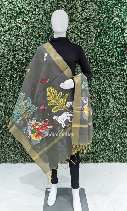 Grey Radha Krishna Hand-Painted Patachitra Chanderi Dupatta