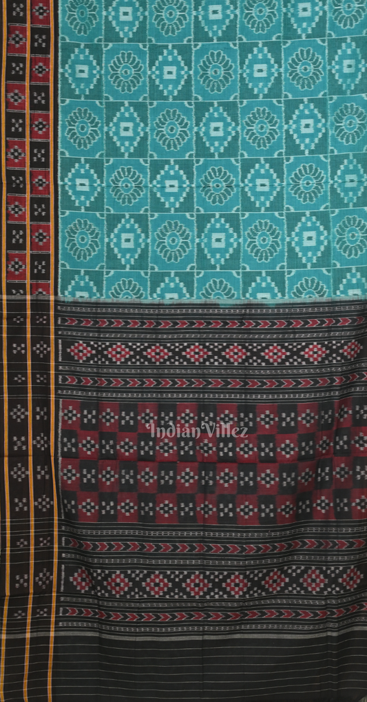 Sea Green Black Nabakothi Odisha Ikat Sambalpuri Pure Cotton Saree with Double Pasapali Border