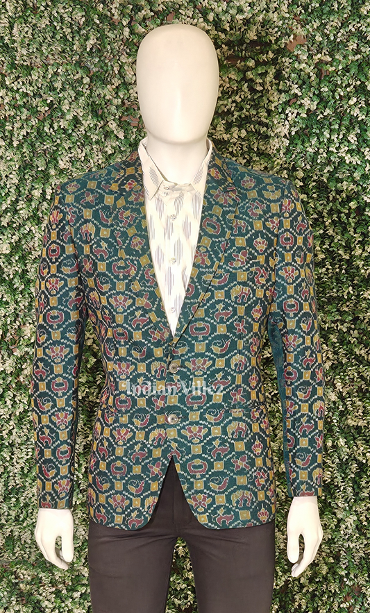 Teal green Odisha Ikat Men's Designer Blazer