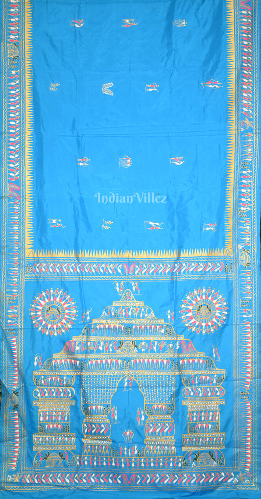 Sky Blue Tribal Art Konark Temple Hand-Painted Pattachitra Saree