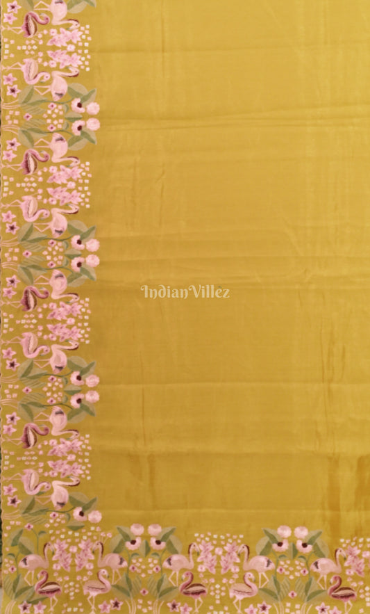 Mustard Yellow Tussar Silk Saree with Floral Hand Embroidery Border