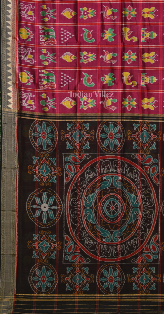 Magenta Pink Black Nabakothi Khandua Silk Saree with Pecock Elephant Chandua Anchal