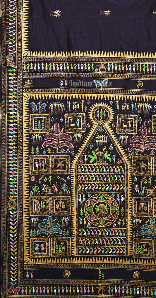 Navy Blue Saura Tribal Art Hand-Painted Pattachitra Saree(Pre Order)