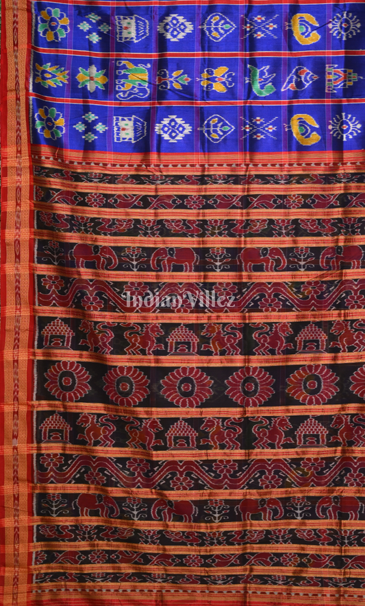 Blue Red Nabakothi Odisha Ikat Khandua Silk Saree