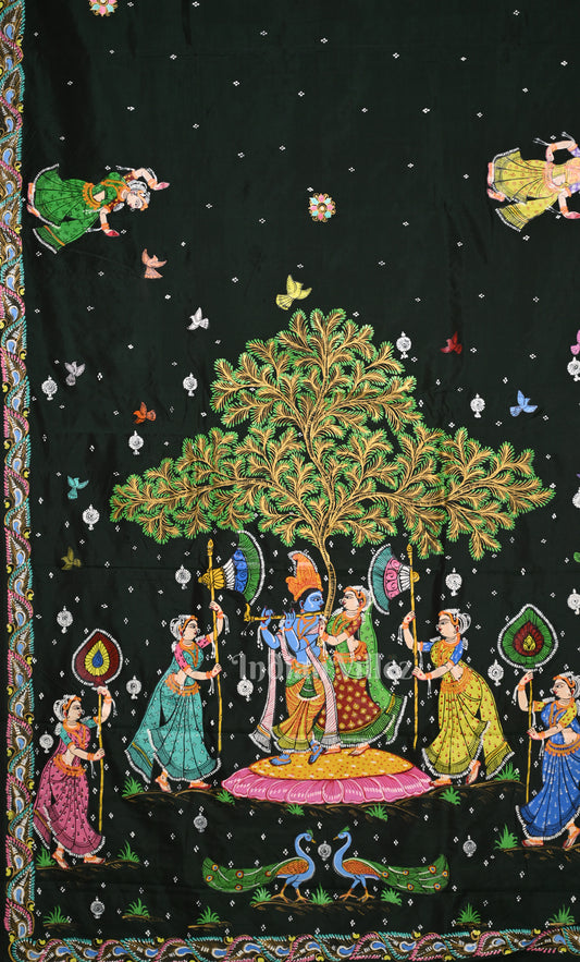 Bottle Green Krishna Raas Hand-Painted Pattachitra Saree