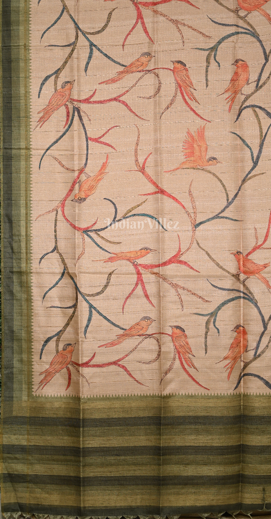 Sandal Green Bird Motif Tussar Silk Saree