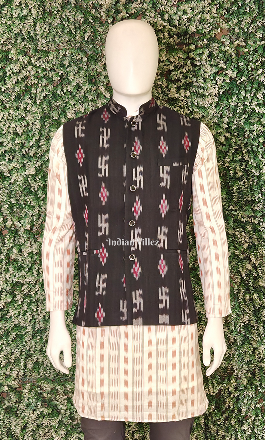 Black Swastik Odisha Ikat Half Bandi Jacket for Men