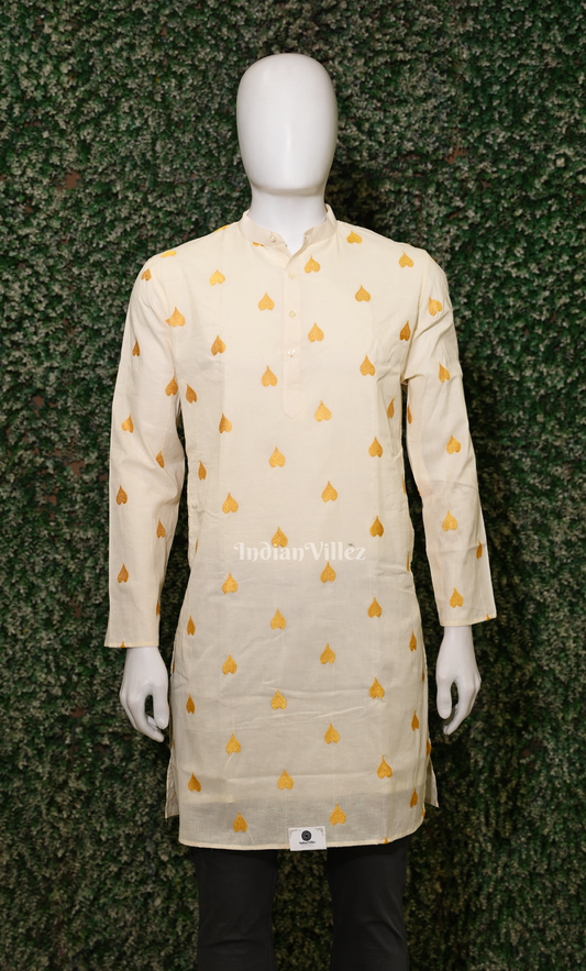 Off White Yellow Thread work leaf shaped motif Odisha Ikat Cotton Kurta for Men