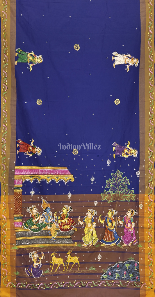 Blue Brown Krishna Raas Leela Hand-Painted Pattachitra Saree