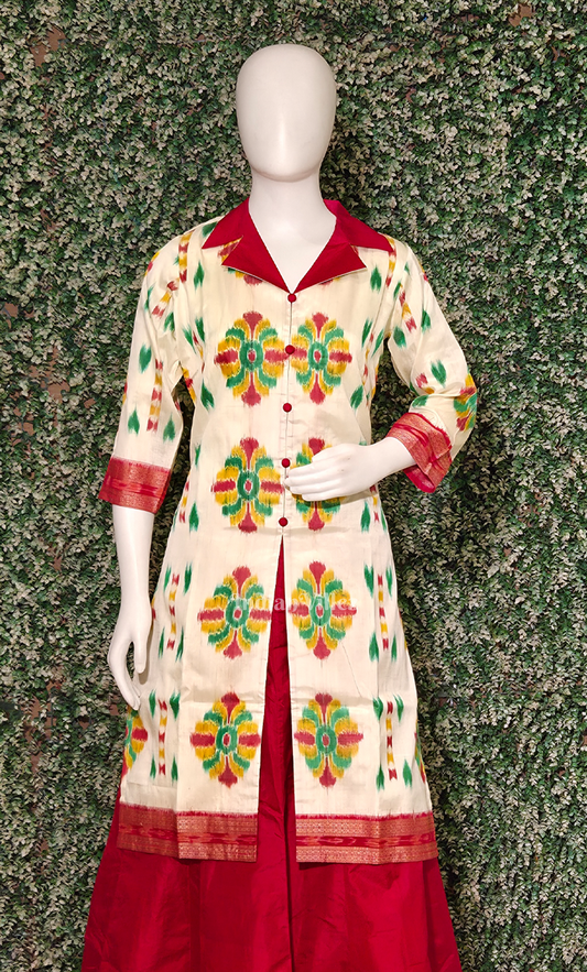 Off Whie Red Baghambari Odsiha Ikat Silk Kurti Set with Skirt