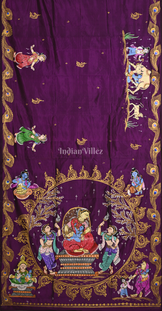 Purple Krishna Janmashtami Theme Hand-Painted Pattachitra Saree