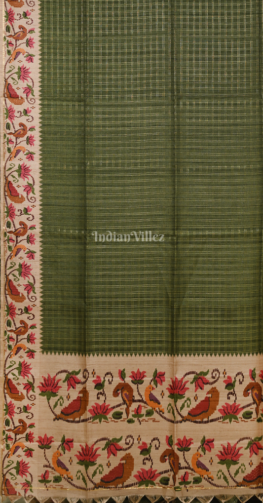 Green Beige Check Pattern Tussar Silk Saree