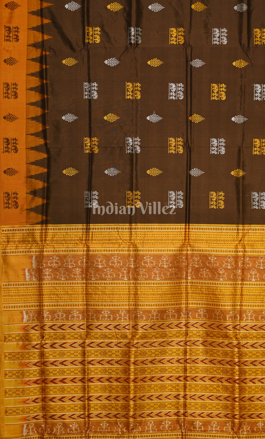 Coffee Yellow Tribal Theme Odisha Ikat Bomkai Sambalpuri Silk Saree