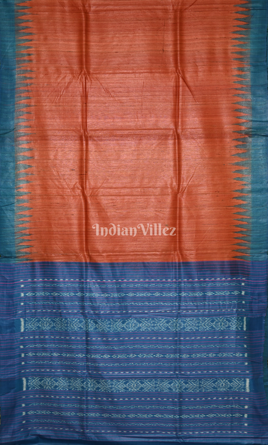 Brick Red Gopalpur Tussar Silk Saree with Blue Temple Border & Anchal