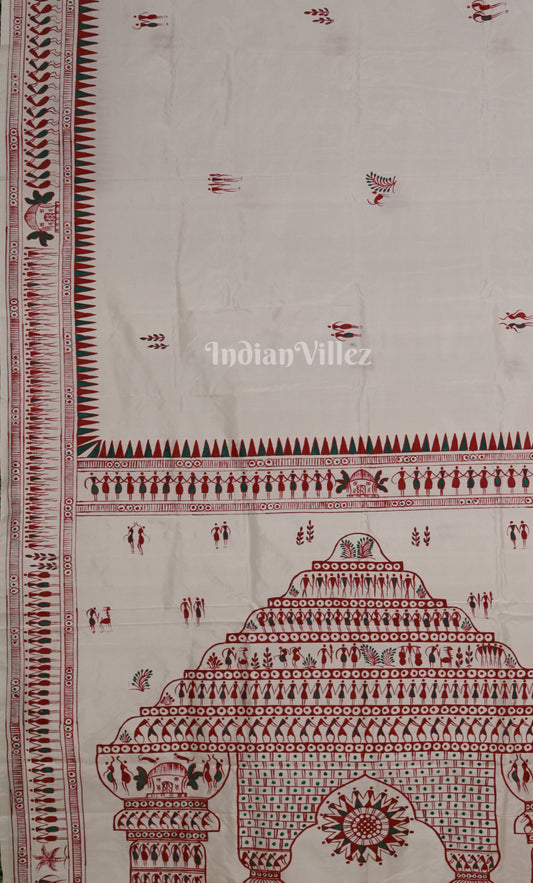 White Saura Tribal Art Hand-Painted Pattachitra Silk Saree