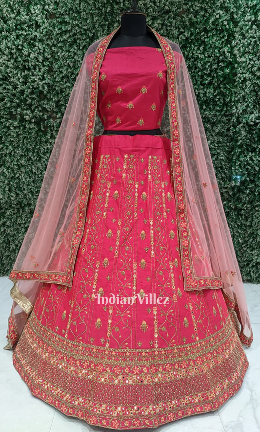 Party Wear Rani Pink Embroidery Lehenga Choli with Dupatta