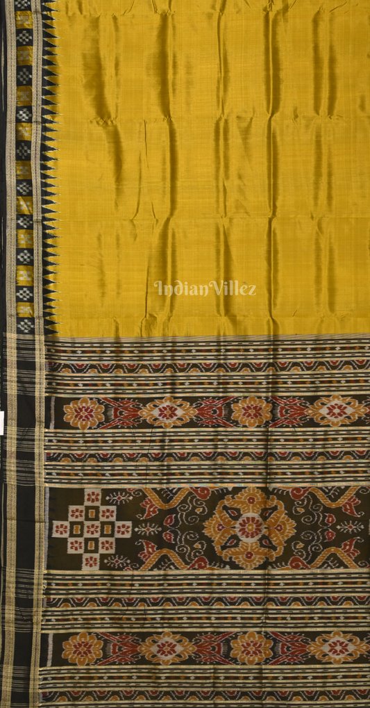 Mustard Yellow Black Pasapali Border Odisha Ikat Khandua Silk Saree