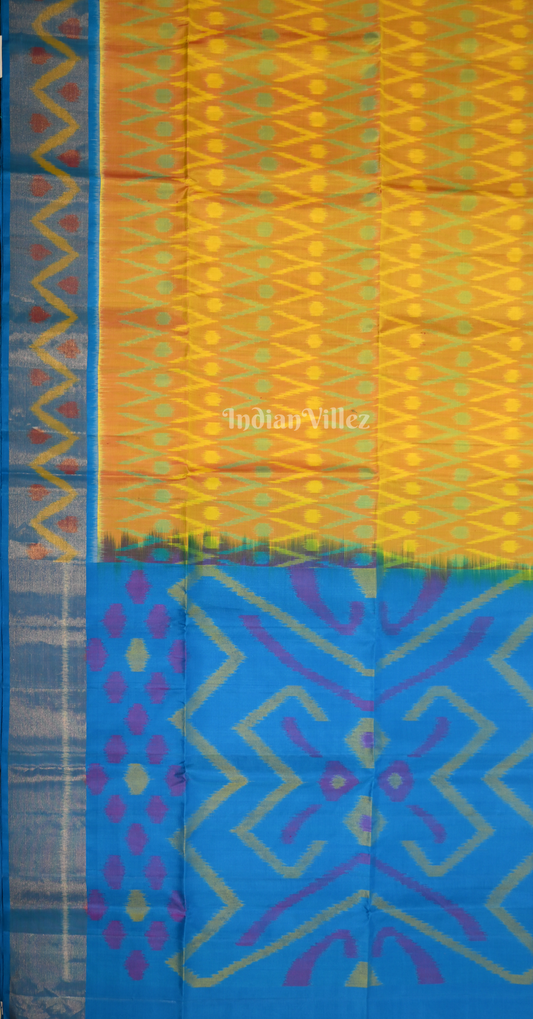 Mustard Yellow Blue Pochampally Ikat Silk Saree