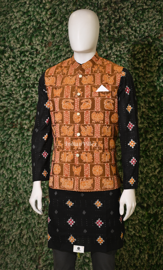 Brown Odisha Ikat Half Bandi Jacket for Men
