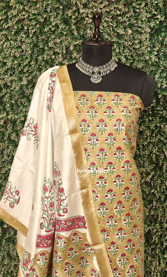Mehendi Green Sanganeri Block Printed Cotton Suit Sets