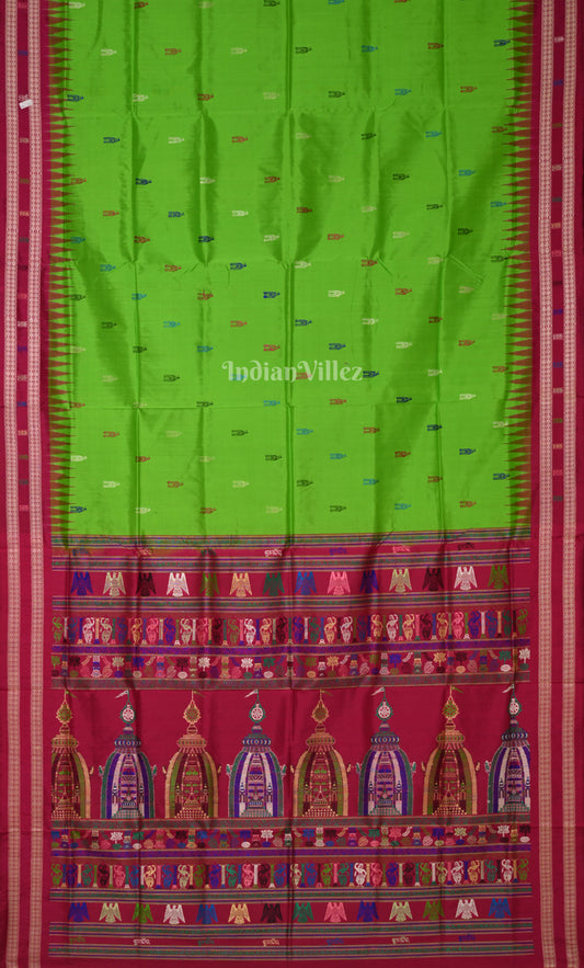 Parrot Green Rani Pink Shree Mandir Theme Bomkai Sambalpuri Silk Saree