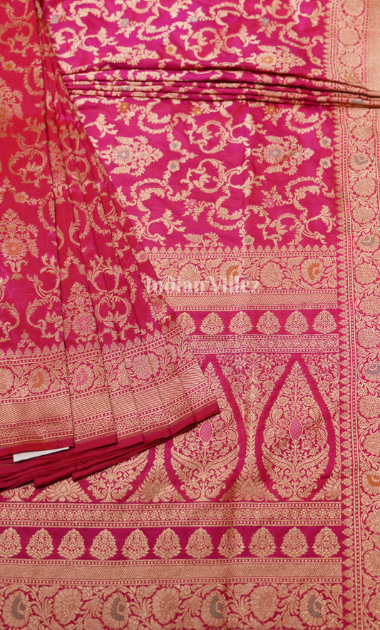 Exclusive Bridal Hot Pink Floral Design Pure Katan Banarasi Silk Saree
