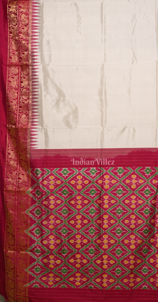 Exclusive White Rani Pink Pochampally Ikat Silk Saree