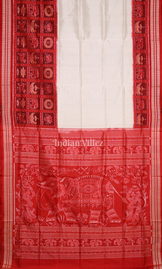 White Red Nabakothi Odisha Ikat Sambalpuri Silk Saree
