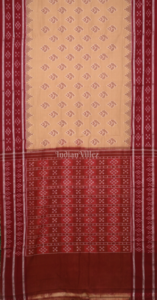 Beige Maroon Sankha Motif Double Pasapali Border Sambalpuri Cotton Saree