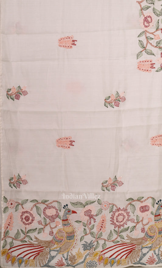 White Tusasr Silk Saree with Hand Embroidery Work Work