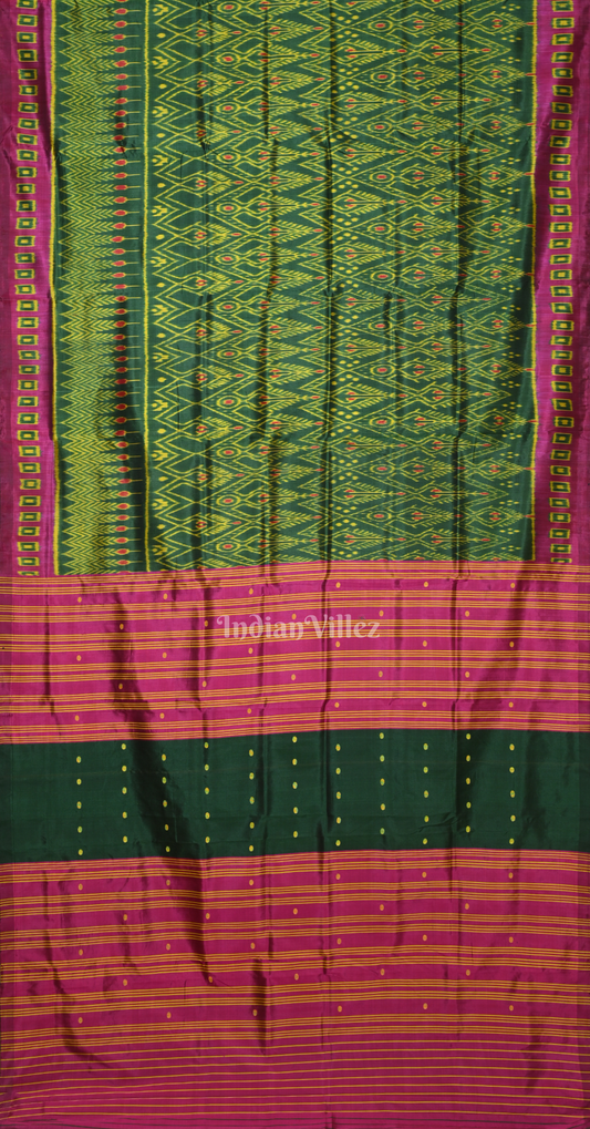 Green Magenta Pink Cambodian Ikat Contemporary Designer Silk Saree