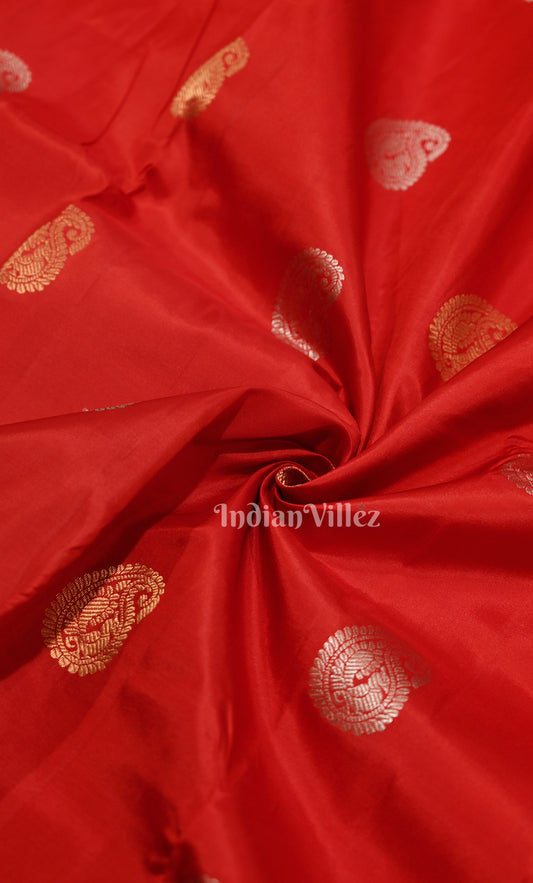 Red Orange Paisley Brocade Pure Kanjivaram Silk Saree