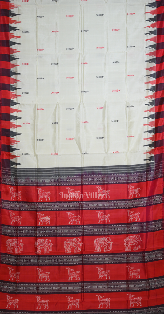 White Red Black Fish Motif Double Pallu Berhampuri Silk Saree
