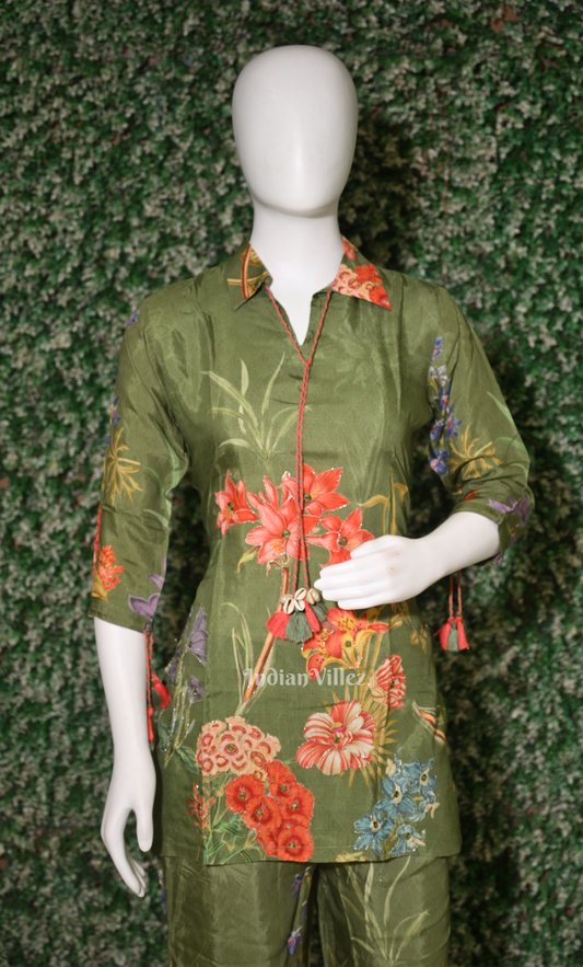 Designer Mehendi Green Floral Printed Kurta & Pant Set-(Co-Ords Set)