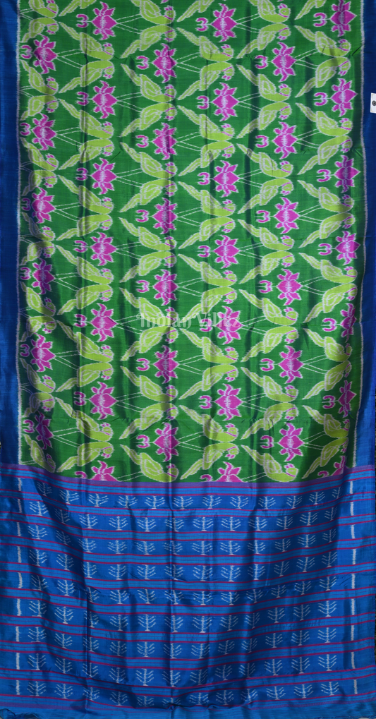 Green Blue Lotus Parrot Odisha Ikat Contemporary Designer Silk Saree