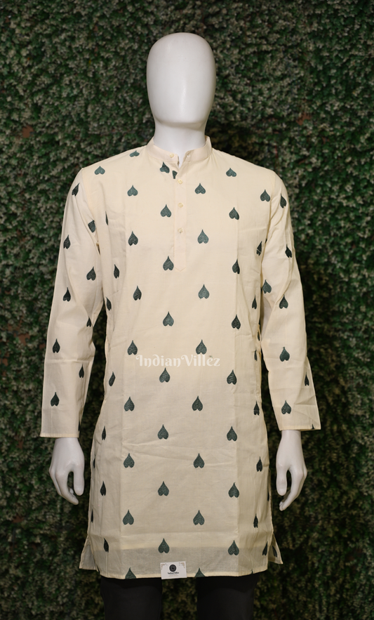 Off White Green Thread work leaf shaped motif Odisha Ikat Cotton Kurta for Men
