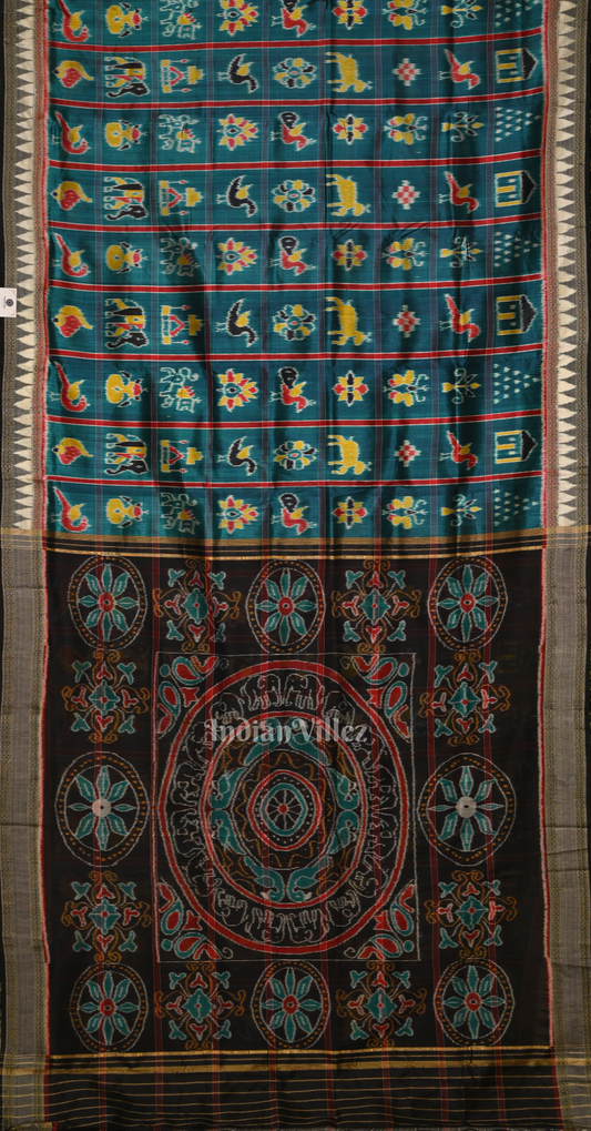 Teal Blue Black Nabakothi Khandua Silk Saree with Peacock Elephant Chandua Anchal
