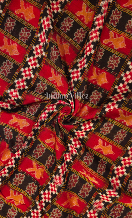 Red Black Fish Motif with Pasapali Odisha Ikat Sambalpuri Ikat Cotton Fabric