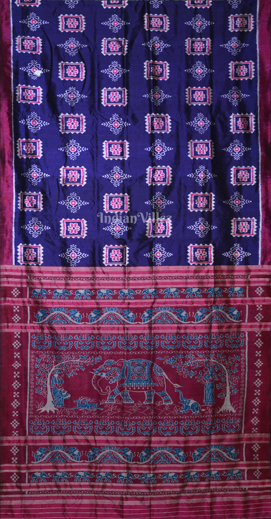 Blue Magenta Pink Odisha Ikat Contemporary Designer Silk Saree with Elephant Anchal