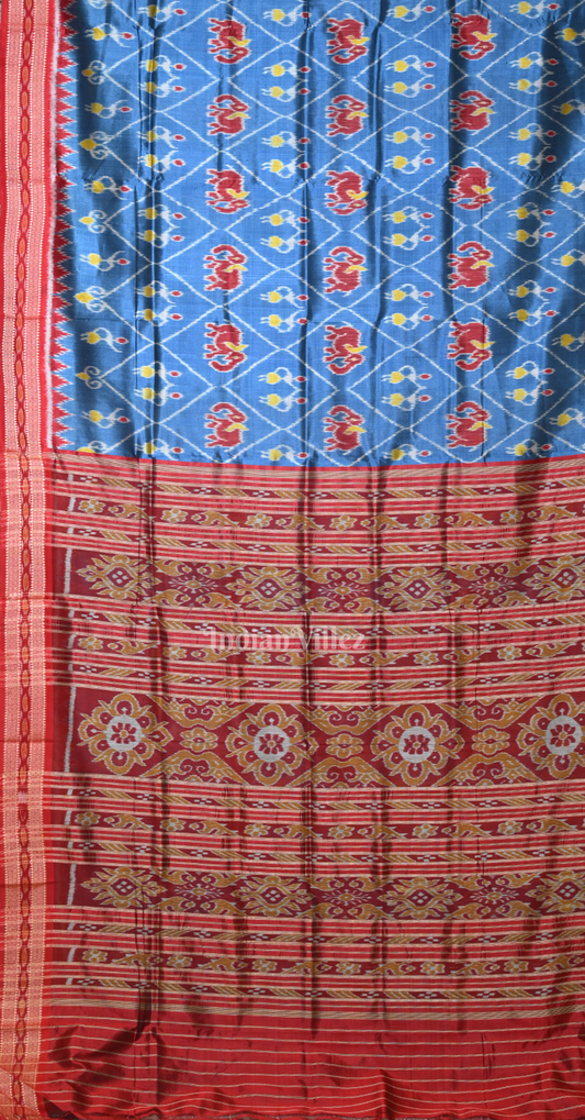 Cyan Blue Maroon Tribal Motif Odisha Ikat Khandua Silk Saree