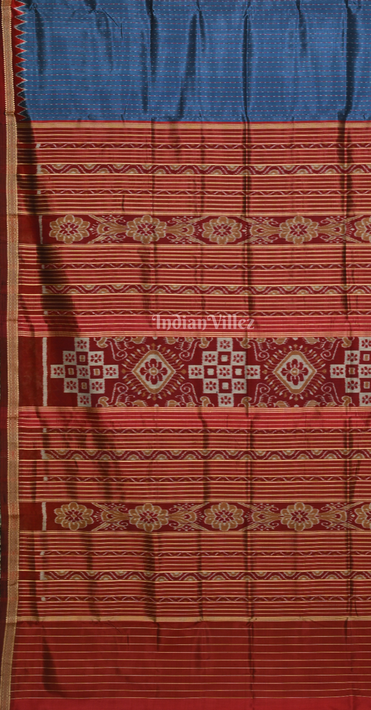 Blue Maroon Stripe Odisha Ikat Khandua Silk Saree with Blouse Piece