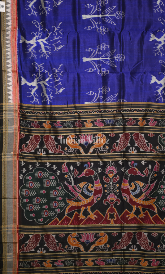Blue Black Tree Motif Odisha Ikat Khandua Silk Saree