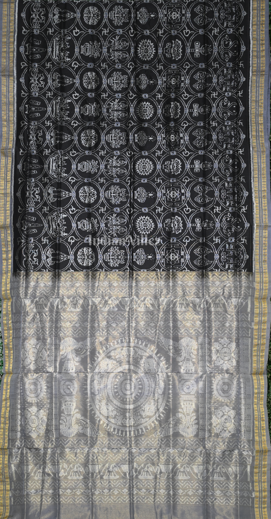 Black White Jhoti Motif Odisha Ikat Sambalpuri Silk Saree