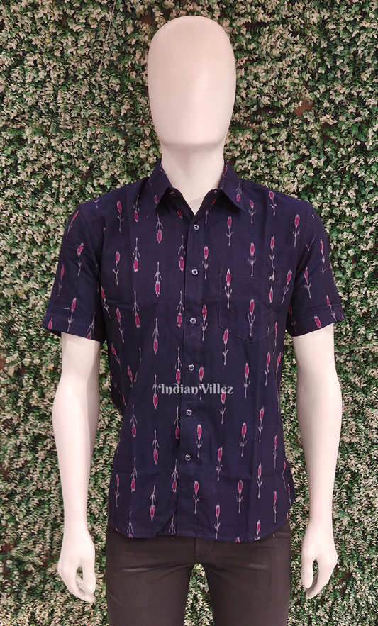 Blue Pink Mayur Chandrika Odisha Ikat Cotton Half Sleeve Shirt for Men