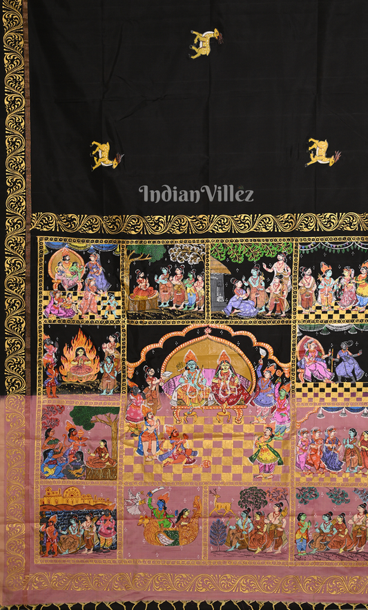 Black Peach Ramayan Theme Hand-Painted Pattachitra Saree